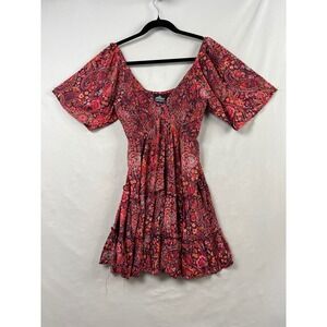 Angie Mini Dress Women Small Burgundy Paisley Smocked Tiered Boho Flutter Sleeve